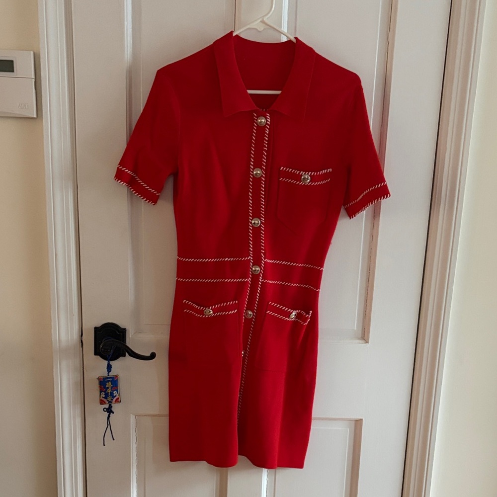 Maje Red Short Sleeve Mini Dress with Contrast Stitching